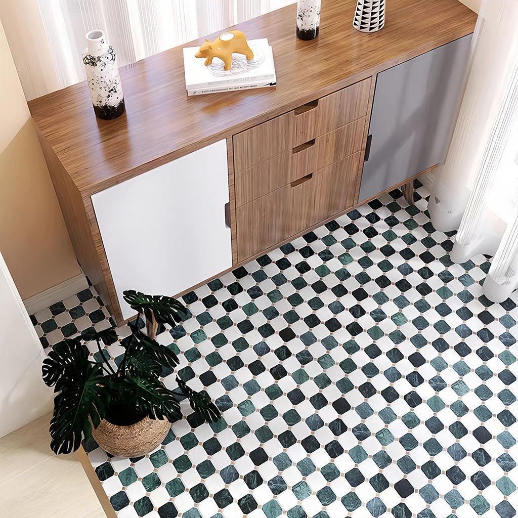 Vintage style checkered marble mosaic with a green and white palette for high-end hotel lobby or master shower floor design - Foctile