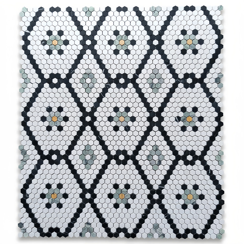 Artistic honeycomb marble mosaic tile with decorative geometric motifs in natural multi-color stones for high-end kitchen backsplash - Foctile