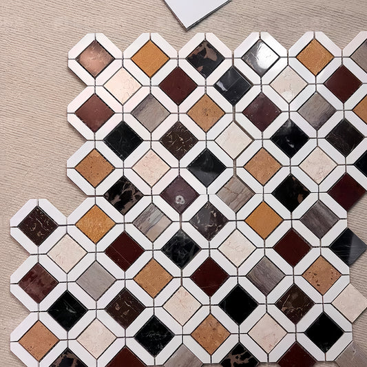 Luxurious and warm natural stone mosaic tiles in terracotta and gold tones for elegant floor transitions.MST037 FOC Tile