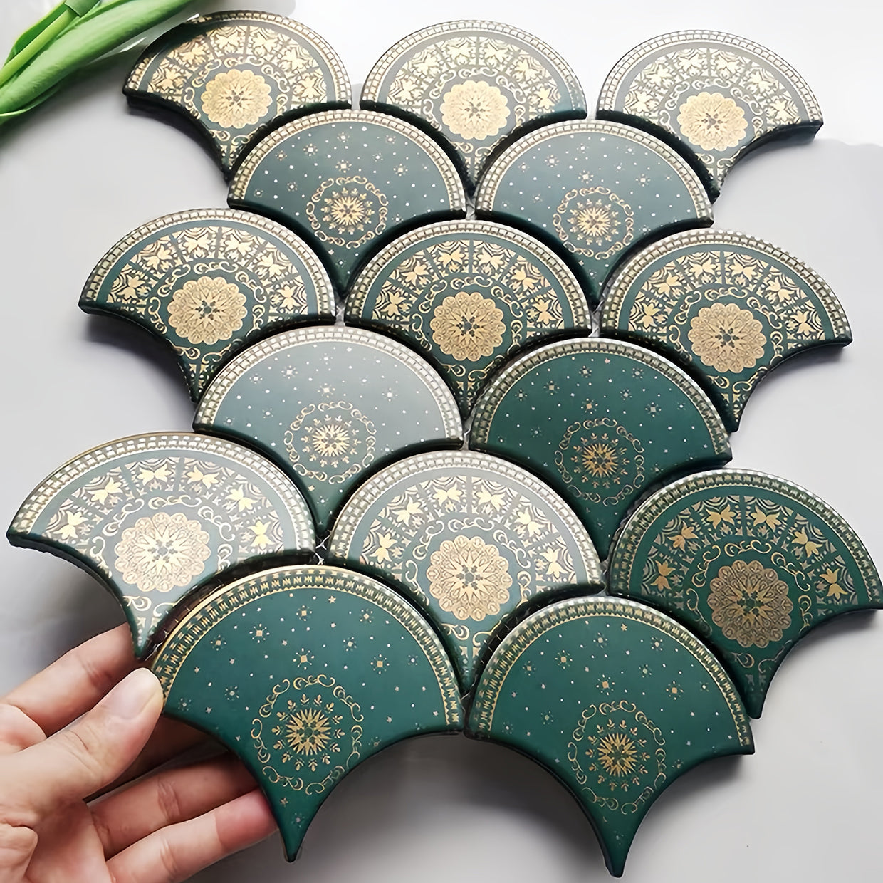 Green Fish-Scale Gold lined porcelain handmade Mosaic Tile - bathroom & kitchen wall and backsplash CPT220