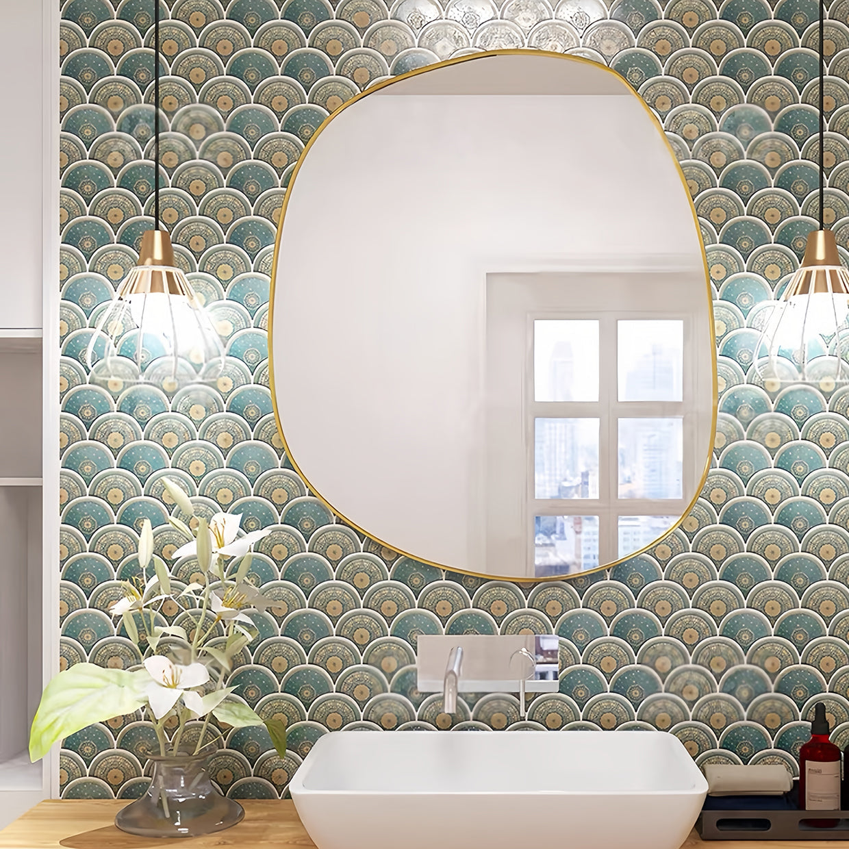 Green Fish-Scale Gold lined porcelain handmade Mosaic Tile - bathroom & kitchen wall and backsplash CPT220 FOC Tile