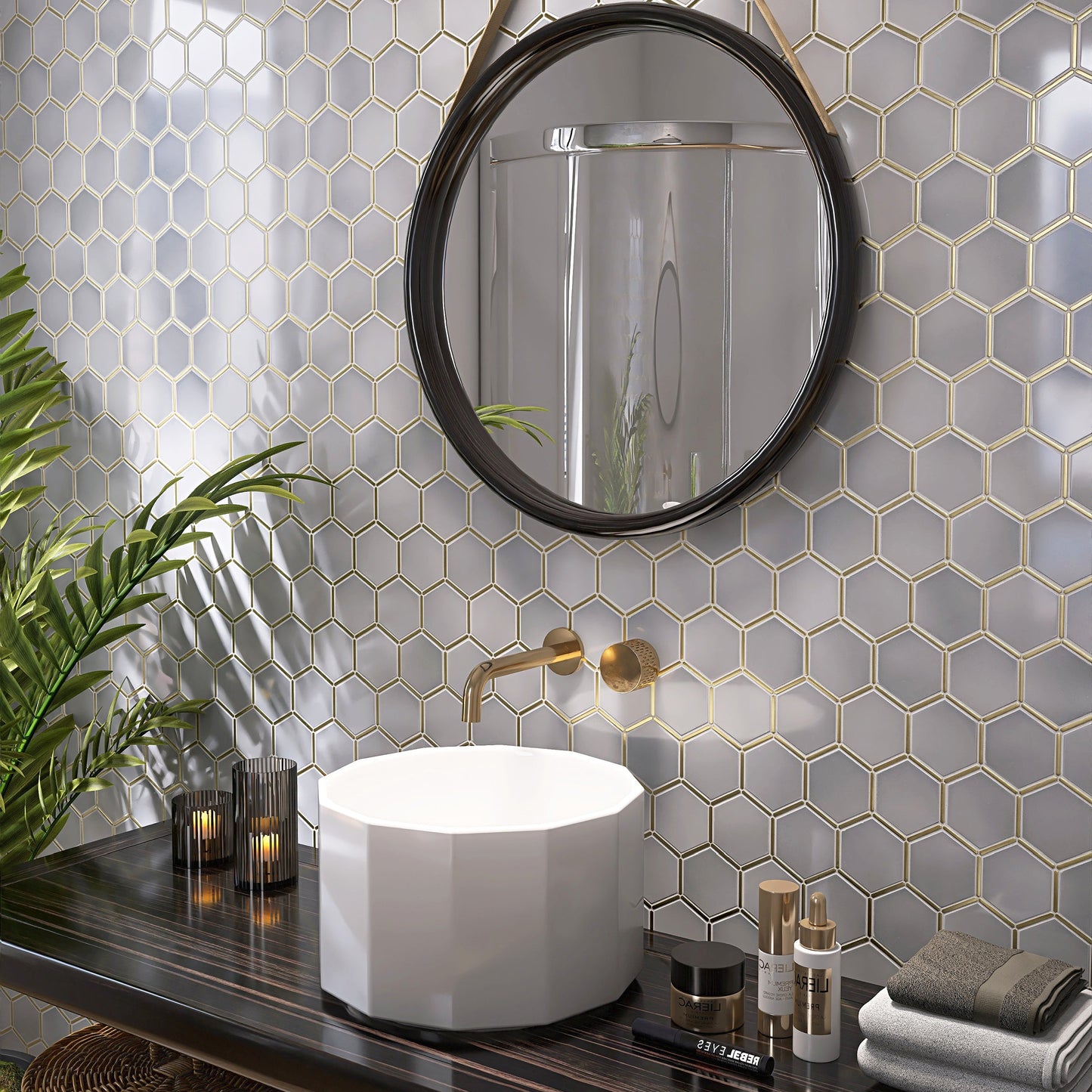 Gold Accent Gray Hexagon Marble Mosaic Tiles FCSMT44 我的商店