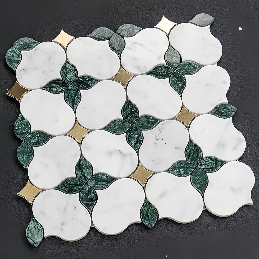 Luxury Carrara marble and green stone quatrefoil mosaic tile with brass metal arabesque accent dots for feature walls and bathroom floor - Foctile