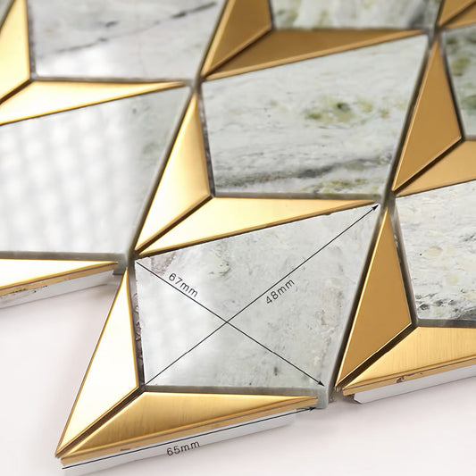 Geometric mixed material mosaic tile featuring polished white marble with green veining and brushed gold metal inlays in a striking fan pattern - Foctile