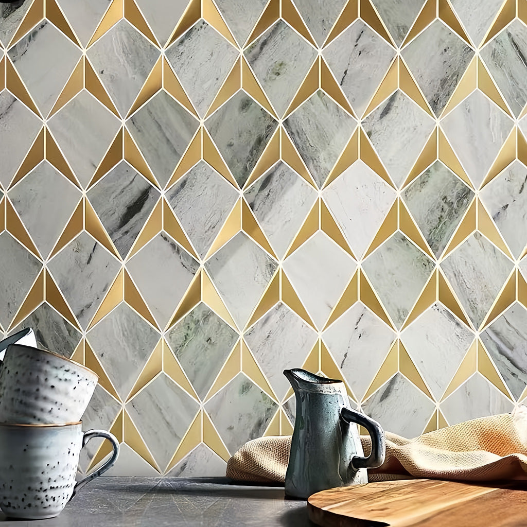 Light Luxury Geometric Stone & Metal Mosaic Tile For Bathrooms and Kitchen Backsplashes MST025