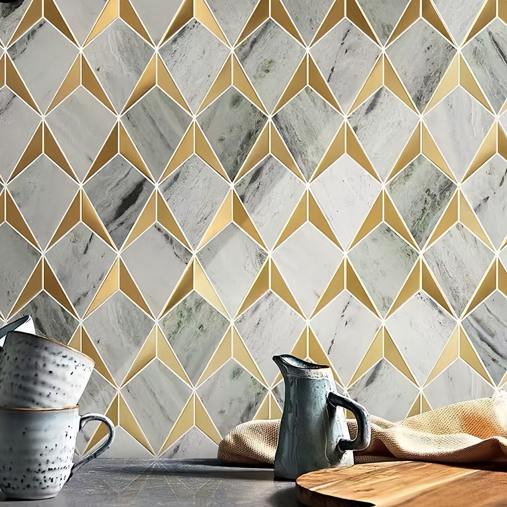 Art Deco style stone and metal mosaic tile with a diverse colourful palette for artistic backsplash and decorative feature walls in high-end hotels - Foctile