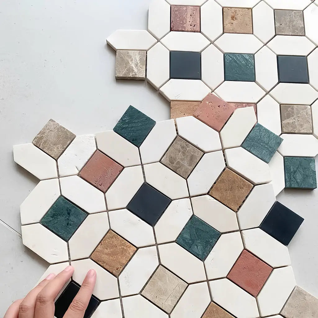 Handcrafted star and cross marble mosaic tile with multi-color stone squares in green, terracotta, and grey for artistic bathroom feature walls - Foctile