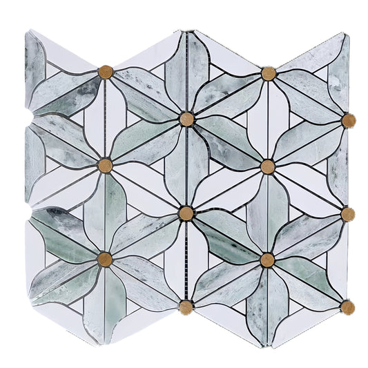 Green and Carrara White hexagonal natural marble tiles are suitable for walls, floors, and shower walls in kitchens, bathrooms, and living rooms MST081