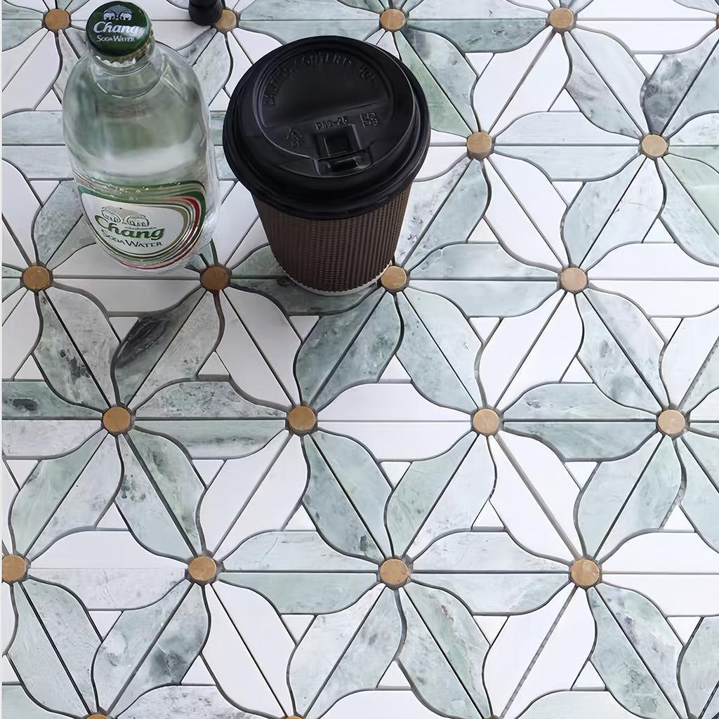 Green and Carrara White hexagonal natural marble tiles are suitable for walls, floors, and shower walls in kitchens, bathrooms, and living rooms MST081