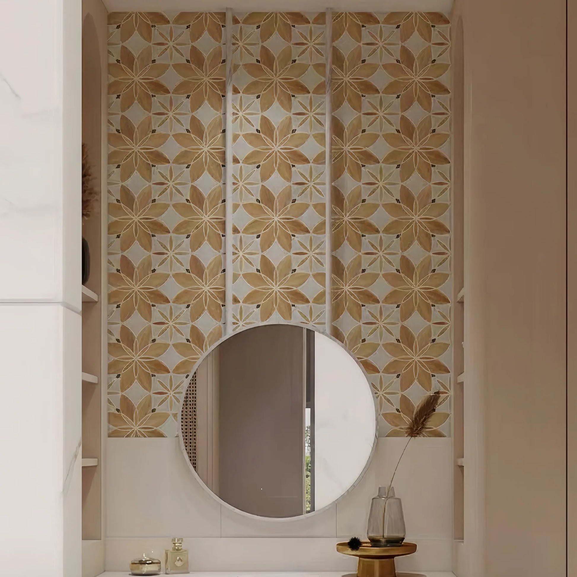 Golden amber waterjet glass mosaic flower pattern for upscale hotel lobby wall or master bathroom shower accent - Foctile Mosaic