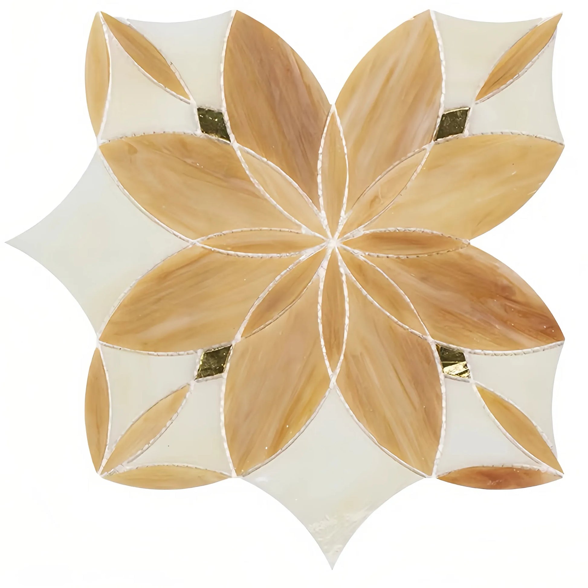 Beige and amber glass flower mosaic tile with waterjet petal pattern and gold accents for luxury kitchen backsplash or bathroom feature wall - Foctile
