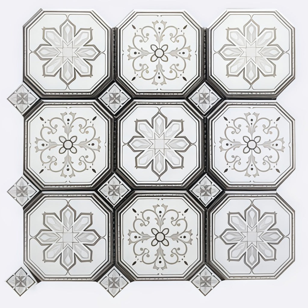Vintage octagon and dot porcelain mosaic tile with grey floral pattern and Victorian motifs for classic kitchen backsplash or bathroom floor - Foctile