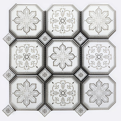 Vintage octagon and dot porcelain mosaic tile with grey floral pattern and Victorian motifs for classic kitchen backsplash or bathroom floor - Foctile