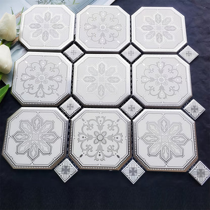 Vintage octagon and dot porcelain mosaic tile with grey floral pattern and Victorian motifs for classic kitchen backsplash or bathroom floor - Foctile