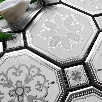 Matte grey floral octagon porcelain mosaic tile with decorative star patterns and small square accent tiles for farmhouse style interior decoration - Foctile Mosaic