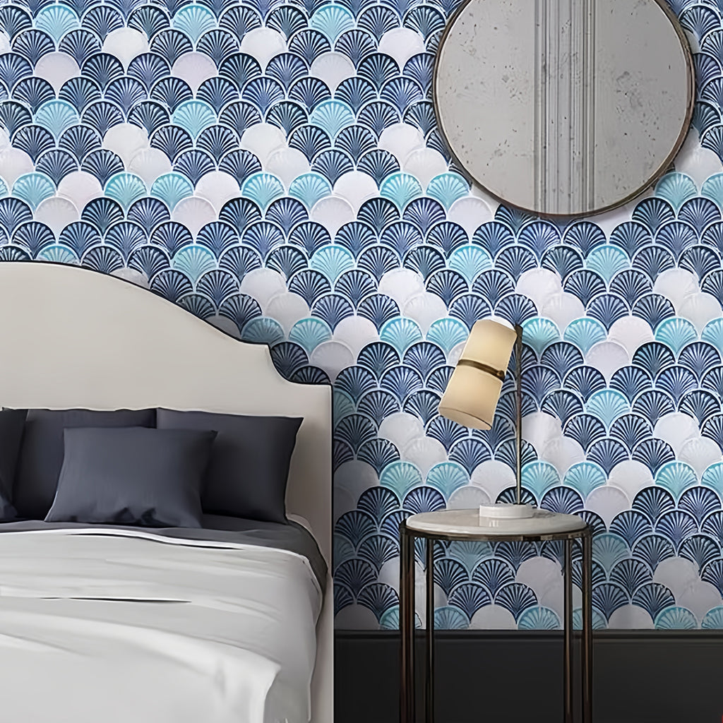 Textured scalloped porcelain tile with a gradient blue and white palette for luxury nautical interior design and spa feature walls - Foctile Mosaic
