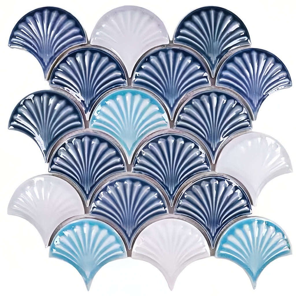 Fluted fan shaped porcelain mosaic tile in mixed ocean blue, light turquoise, and white colors for coastal bathroom walls and shower floors - Foctile
