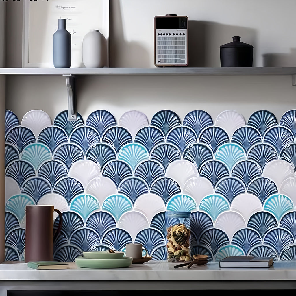 Textured scalloped porcelain tile with a gradient blue and white palette for luxury nautical interior design and spa feature walls - Foctile Mosaic