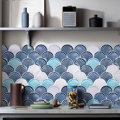 Textured scalloped porcelain tile with a gradient blue and white palette for luxury nautical interior design and spa feature walls - Foctile Mosaic