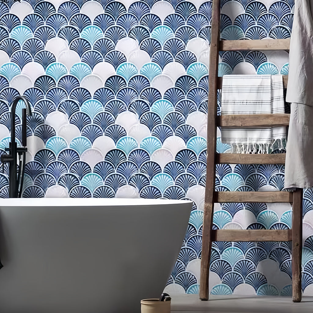 Textured scalloped porcelain tile with a gradient blue and white palette for luxury nautical interior design and spa feature walls - Foctile Mosaic
