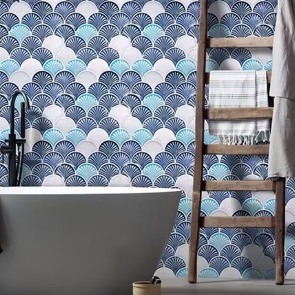 Textured scalloped porcelain tile with a gradient blue and white palette for luxury nautical interior design and spa feature walls - Foctile Mosaic