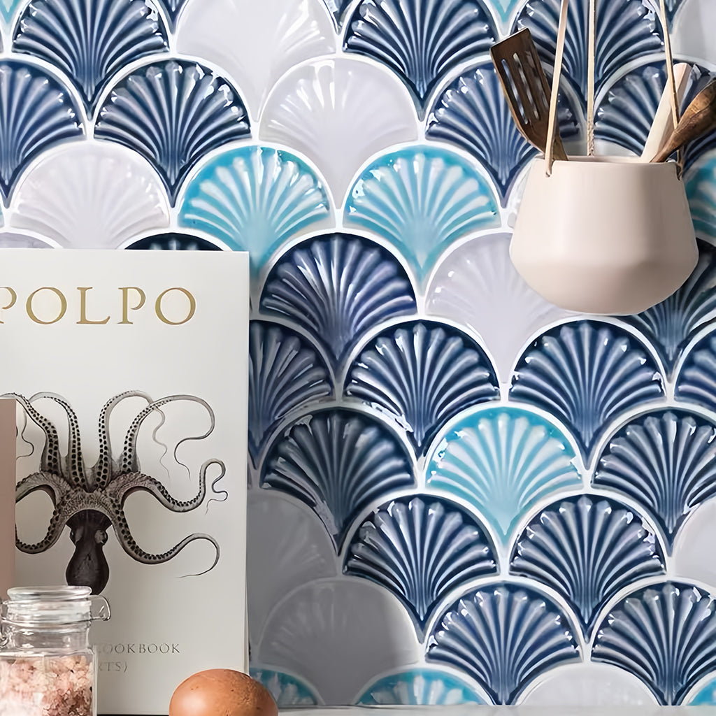 Textured scalloped porcelain tile with a gradient blue and white palette for luxury nautical interior design and spa feature walls - Foctile Mosaic