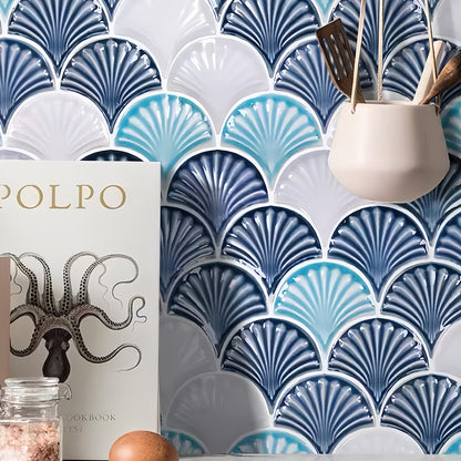 Textured scalloped porcelain tile with a gradient blue and white palette for luxury nautical interior design and spa feature walls - Foctile Mosaic