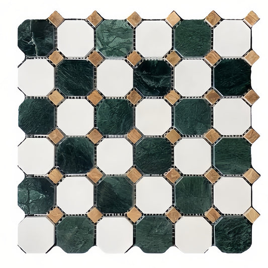 Dark Green White Hexagon Marble Mosaic Tile  Moisture & Slip Resistant for Bathroom Kitchen Pool MST031