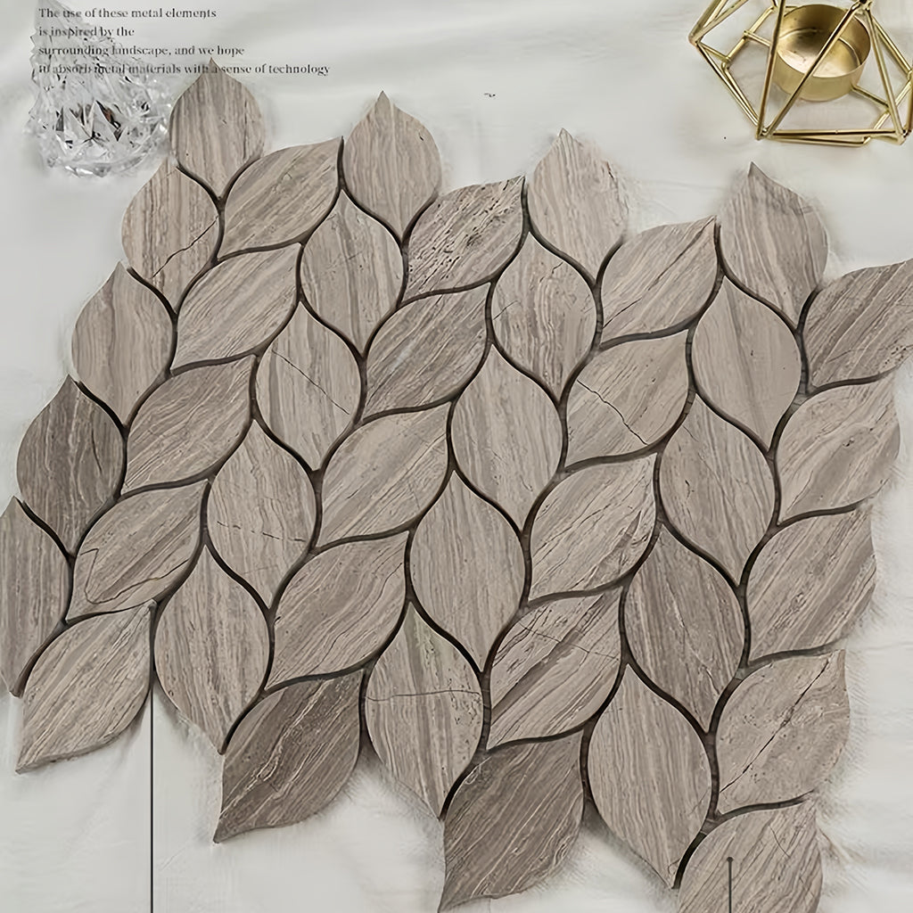 Natural marble leaf shaped mosaic tile with light grey wooden vein texture for luxury bathroom accent walls and spa shower flooring - Foctile