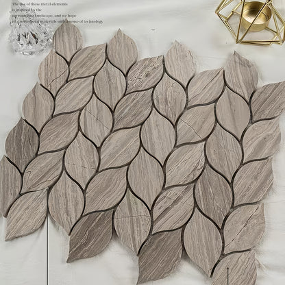 Natural marble leaf shaped mosaic tile with light grey wooden vein texture for luxury bathroom accent walls and spa shower flooring - Foctile