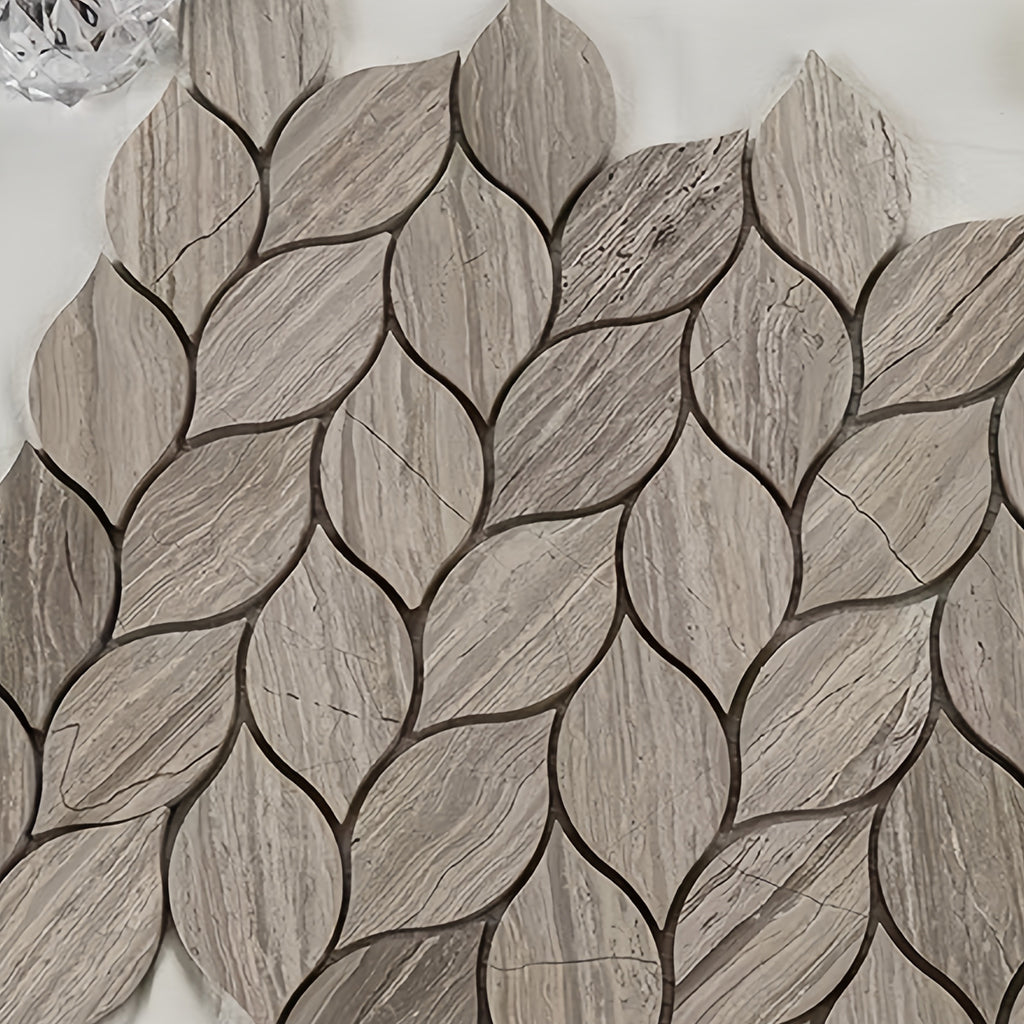 Natural marble leaf shaped mosaic tile with light grey wooden vein texture for luxury bathroom accent walls and spa shower flooring - Foctile