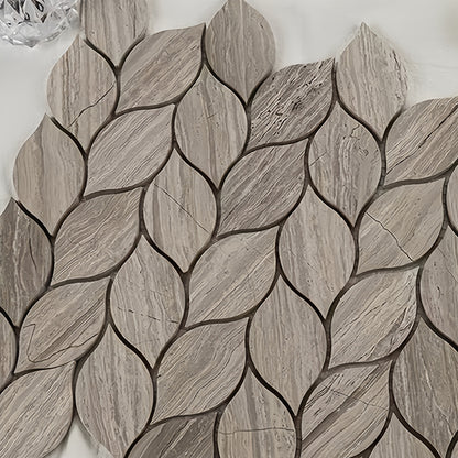 Natural marble leaf shaped mosaic tile with light grey wooden vein texture for luxury bathroom accent walls and spa shower flooring - Foctile