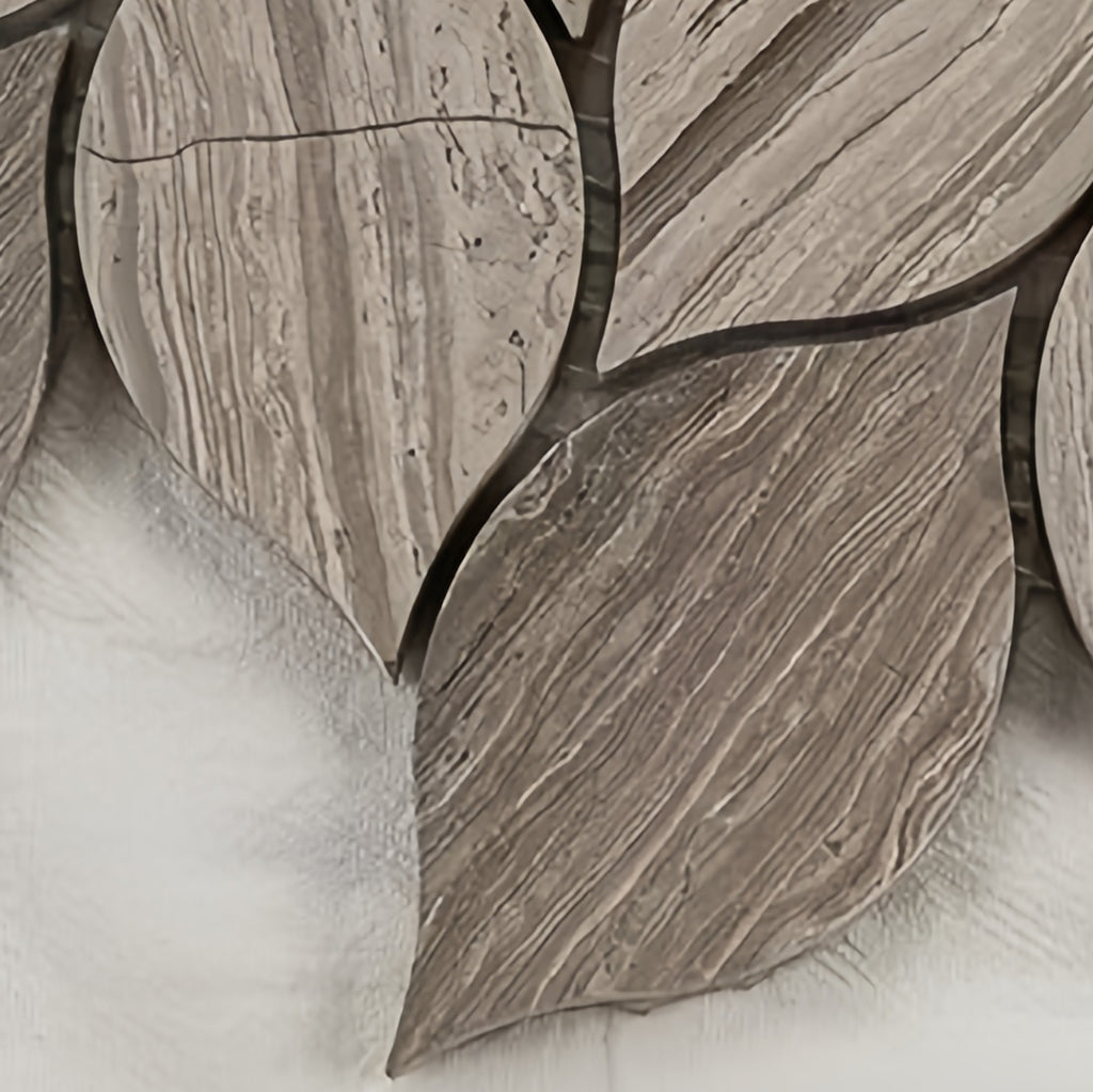 Petal pattern stone mosaic tile featuring organic leaf shapes in silver-grey travertine marble for modern interior wall decoration - Foctile Brand