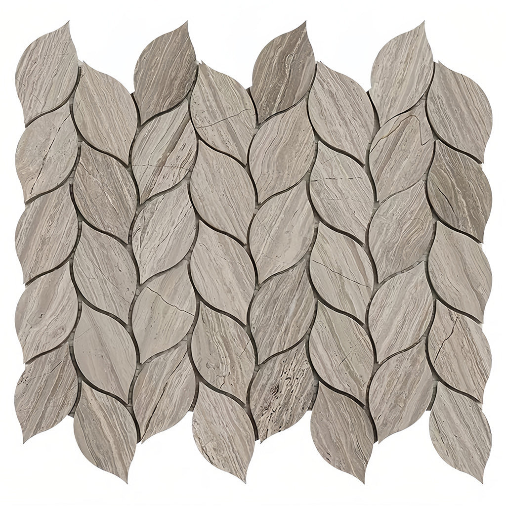 Natural marble leaf shaped mosaic tile with light grey wooden vein texture for luxury bathroom accent walls and spa shower flooring - Foctile