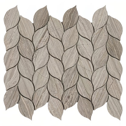 Natural marble leaf shaped mosaic tile with light grey wooden vein texture for luxury bathroom accent walls and spa shower flooring - Foctile