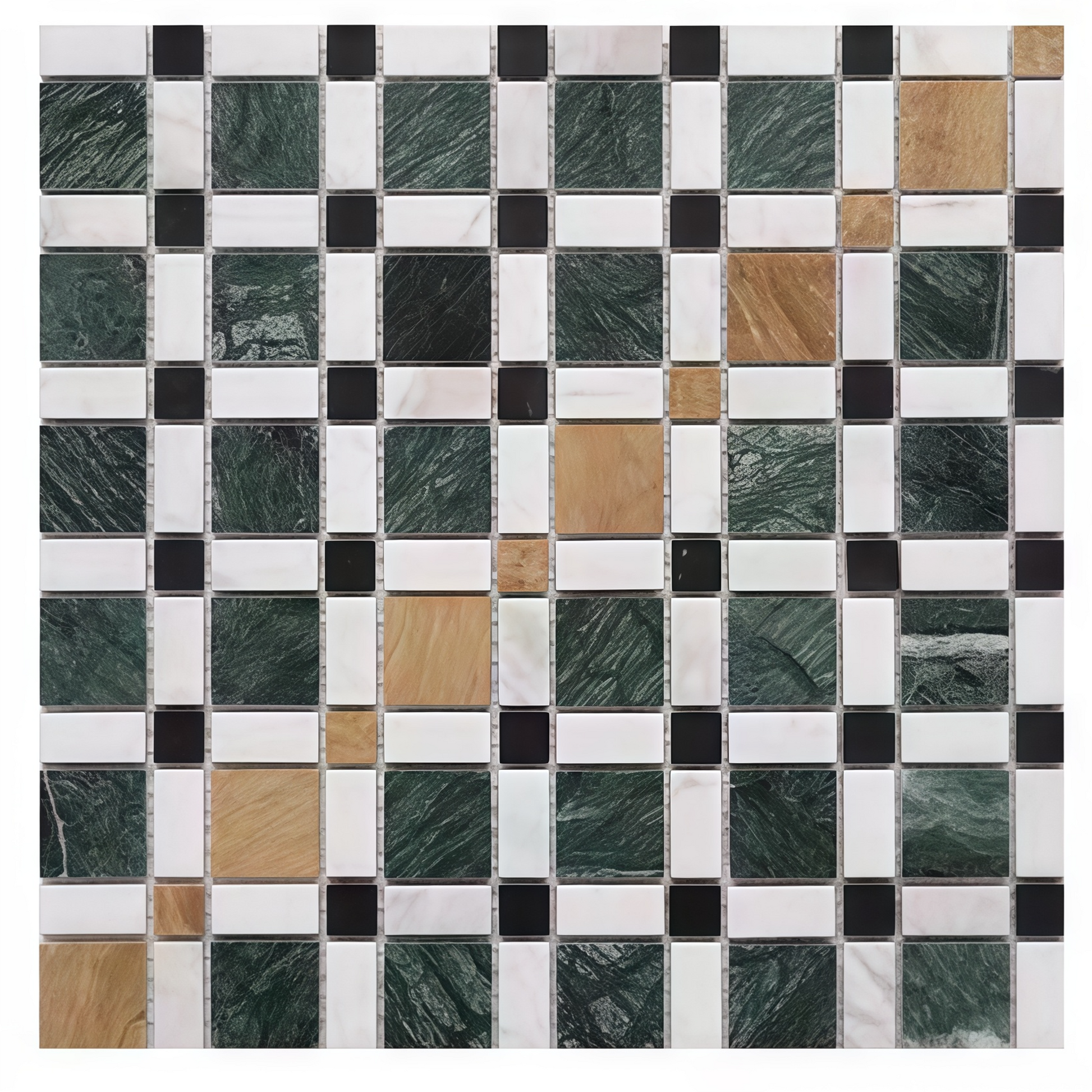 Mixed color stone mosaic tile with dark green forest marble, white Carrara, and yellow onyx in a geometric woven pattern - Foctile Brand