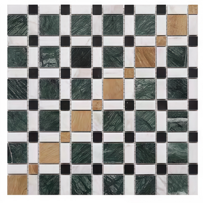 Mixed color stone mosaic tile with dark green forest marble, white Carrara, and yellow onyx in a geometric woven pattern - Foctile Brand