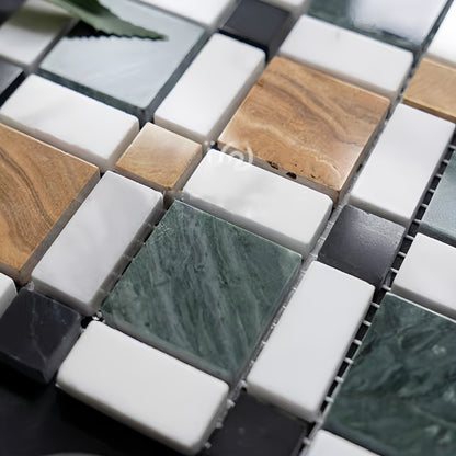 Mixed color stone mosaic tile with dark green forest marble, white Carrara, and yellow onyx in a geometric woven pattern - Foctile Brand