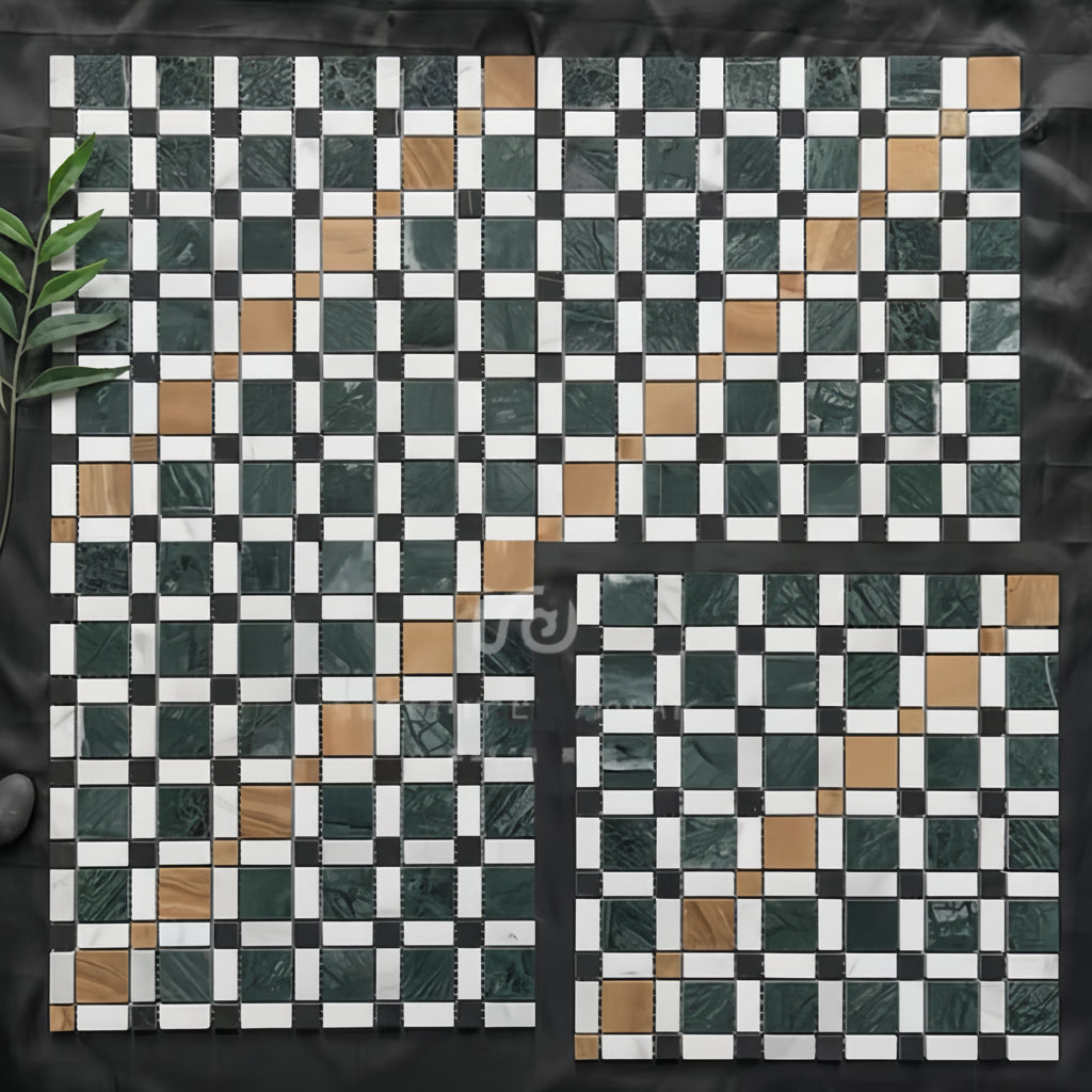 Natural marble stone basketweave mosaic tile featuring dark green, white, and gold marble squares for luxury bathroom floor and kitchen backsplash - Foctile