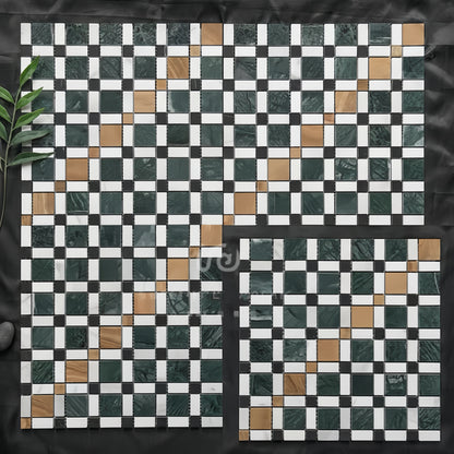 Natural marble stone basketweave mosaic tile featuring dark green, white, and gold marble squares for luxury bathroom floor and kitchen backsplash - Foctile