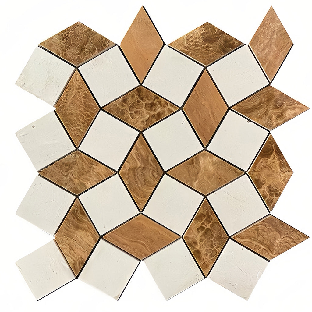 Intricate and tactile marble mosaic with natural veining in honey gold and white for bespoke wall decor.FOCTILE