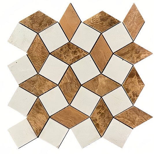 Intricate and tactile marble mosaic with natural veining in honey gold and white for bespoke wall decor.FOCTILE