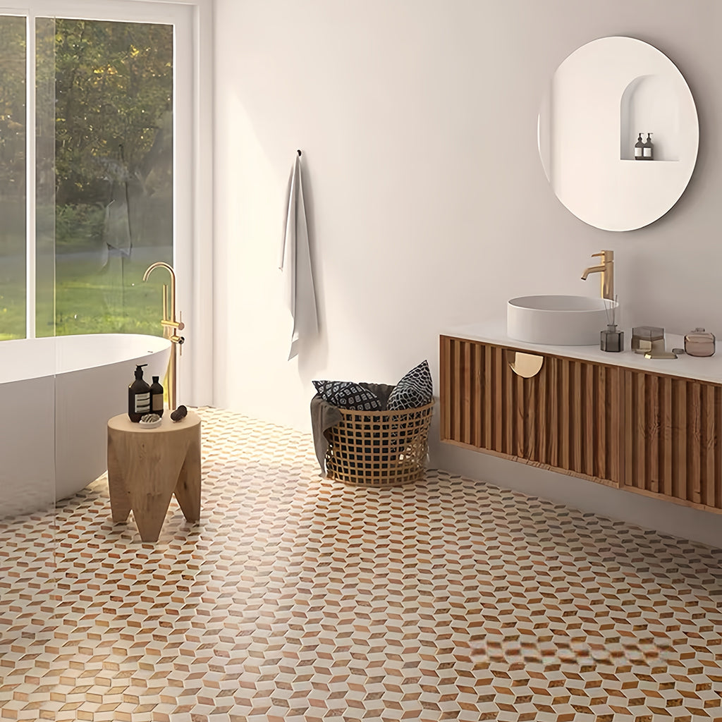 Spacious and bright minimalist bathroom with geometric marble mosaic tiles in soft gold and white accents. MST038 FOCTILE