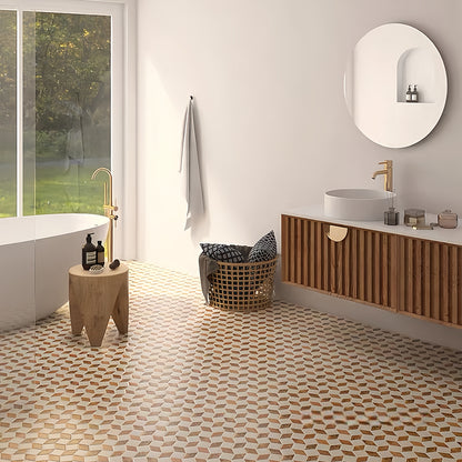 Spacious and bright minimalist bathroom with geometric marble mosaic tiles in soft gold and white accents. MST038 FOCTILE