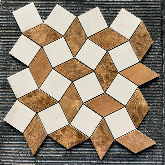 Symmetrical and bold diamond-shaped marble mosaic sheet in rich amber and cream for modern interiors. FOCTILE