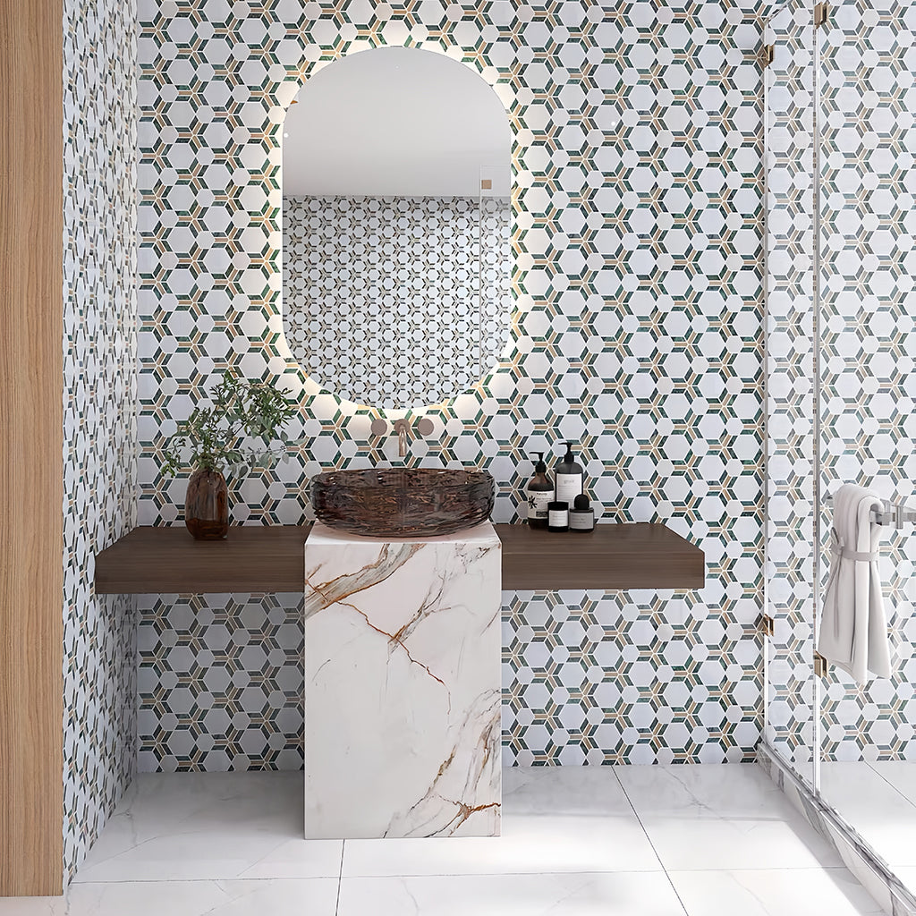 Minimalist modern bathroom design with large-scale marble mosaic floor for a spa-like feel MST039 FOC Tile