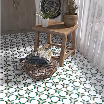 Detail view of geometric marble mosaic wall next to natural wood accents for organic luxury MST039 FOC Tile