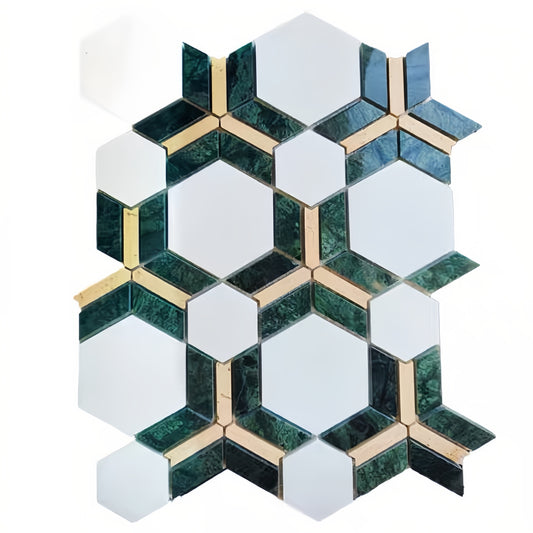 Lustrous emerald green and white hexagon marble mosaic floor tiles with Y-pattern accents.MST039 FOC Tile