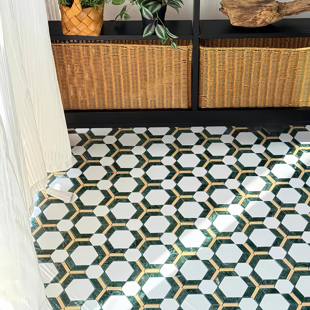 Retro Art Deco Green Marble Floor & Wall Tile - Luxury 3D Hexagon Mosaic MST039 FOC Tile