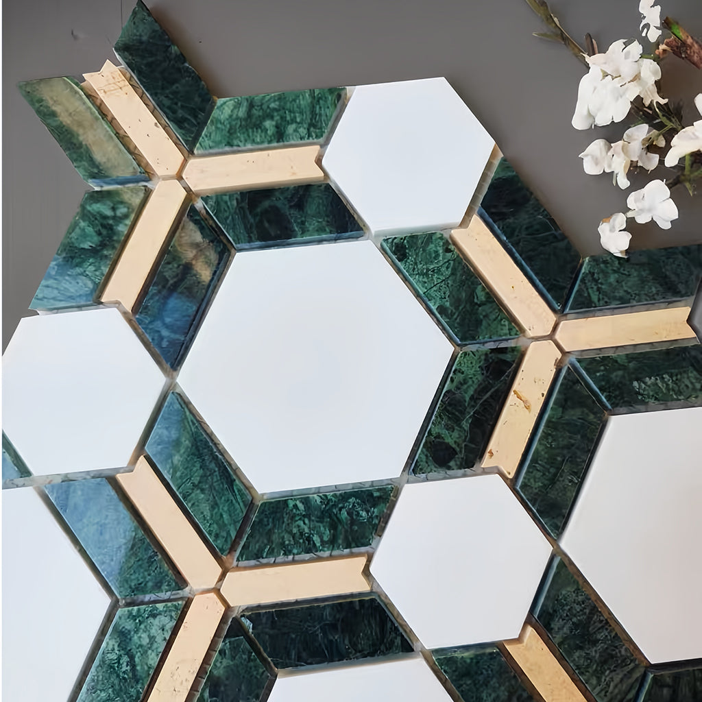 Close-up of premium natural stone mosaic sheet with polished finish and intricate veiningMST039 FOC Tile